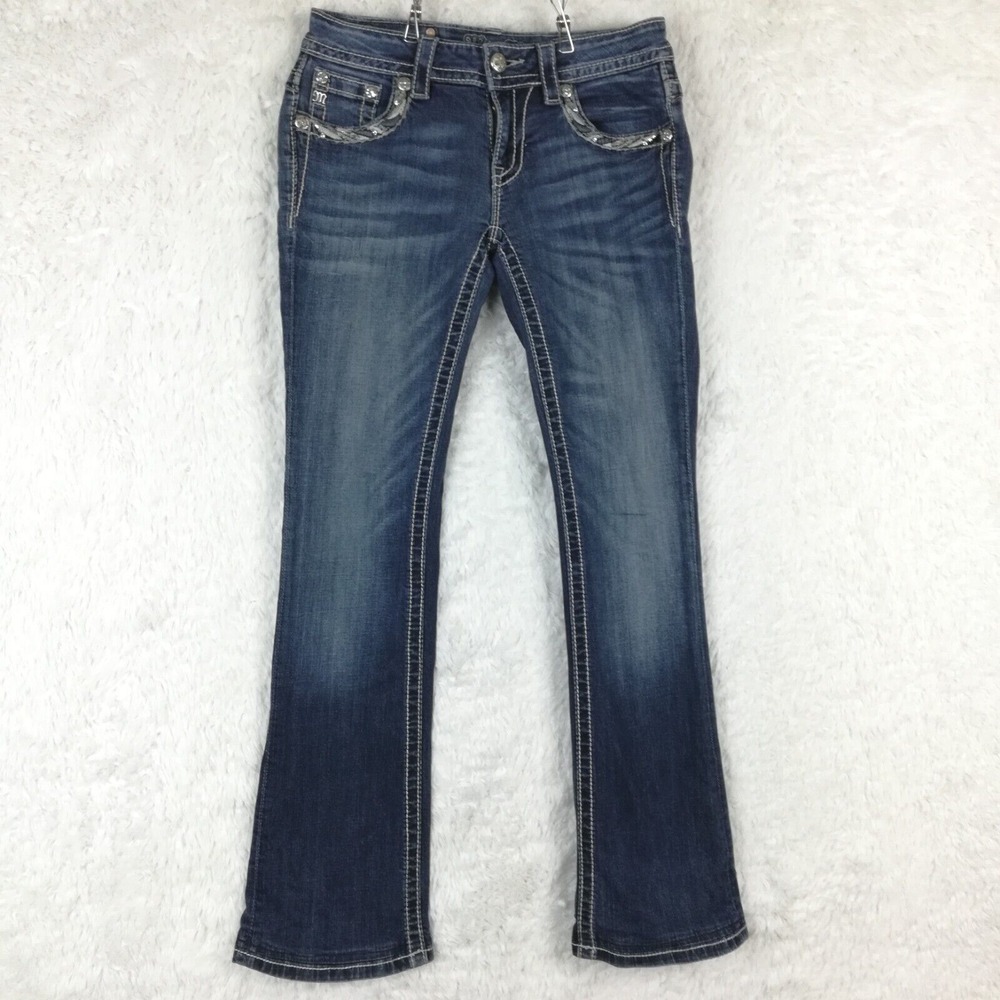 Miss Me Womens Jeans Signature Boot Blue Denim Flap Pocket Stone Wash Jeweled 27